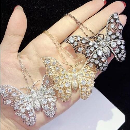 1pc 63x49mm golden plated Solid Color Cz micro crystal butterfly brooch/necklace pendent