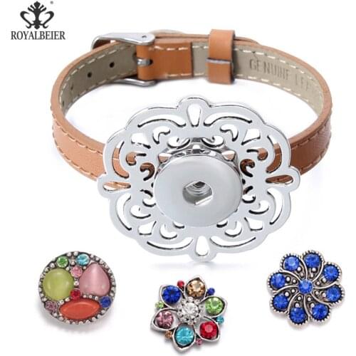 1pcs/lot Hot Sale Snap Pulsera Fit Snap Button Openwork Carve Flower Genuine Leather Women Retro Adjustable Size Bracelet SZ0521