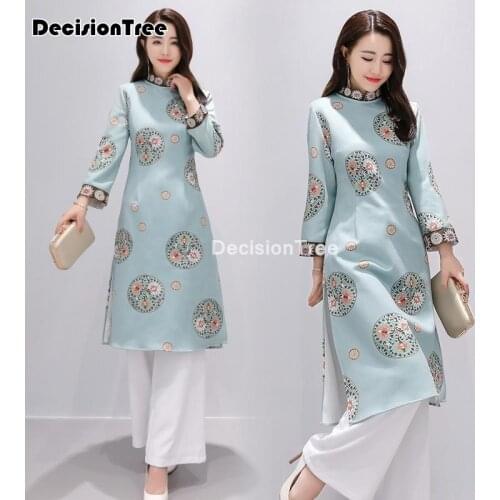 2021 improved vietnam aodai folk style cheongsam dress+pants set women traditional print floral qipao chinese dress vestidos
