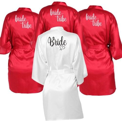 Satin Bride Robe BRIDE TRIBE Print Women Pajamas Robe Kimono Nightwear Bathrobe Wedding Party Nightgown