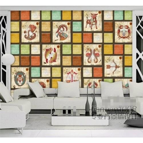 Custom large wallpaper 3D mural nostalgic retro twelve constellation lattice interior decoration wall covering