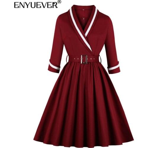 Enyuever Burgundy Vintage Dresses 50s 60s Retro Women Clothing Long Sleeve V Neck Robe Pin Up Swing Elegant Casual Dresses