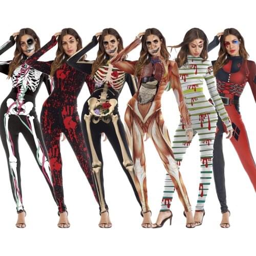 One Piece Female Skull Skeleton Costume Halloween Party Wear Scary Woman Jumpsuit Skinny Zombie Vampire Cosplay for Ladies