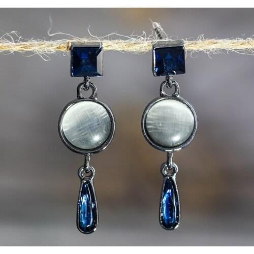 Korean Statement earings Round Cat Eye Stone Blue Zircon earrings For Women Long Dangle Crystal Water Drop Earrings Boho Jewelry