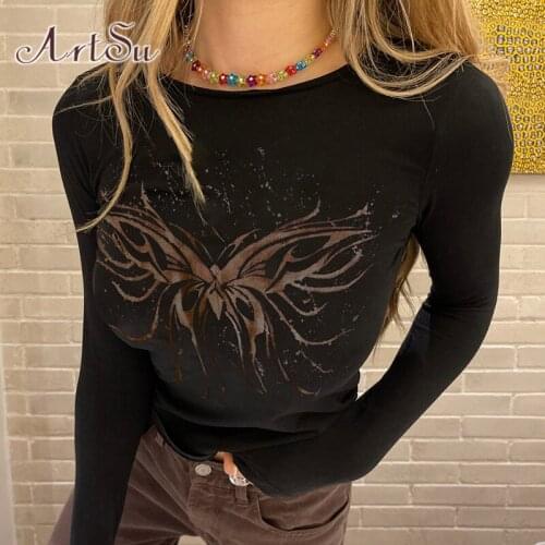 ArtSu Butterfly Crop Top Y2K Clothes Black Grunge Long Sleeve T Shirt Slim Autumn Harajuku Pullovers Women Casual Tee T-shirts