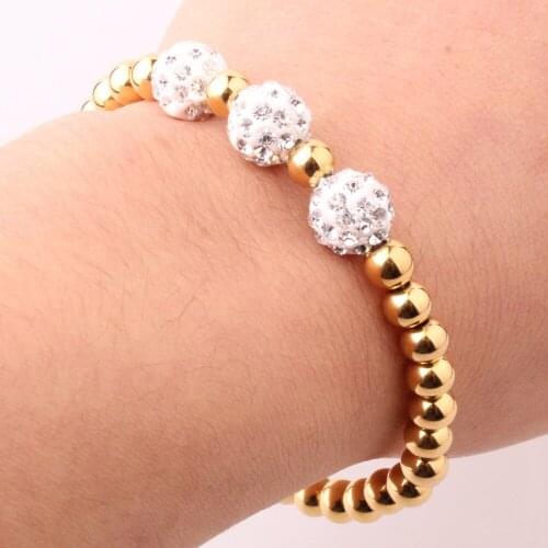 Fashion Womens Jewelry Gold Stainless Steel 6mm Beades with Crystal Ball Bracelet 7.87" Handmade