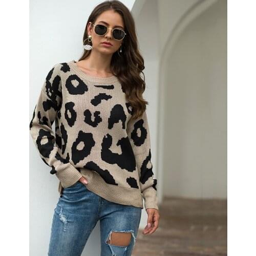 Fashion Leopard Sweater Autumn Winter Long Sleeve Knitted Sweaters Women Loose Casual Pullovers Jumpers Femininas