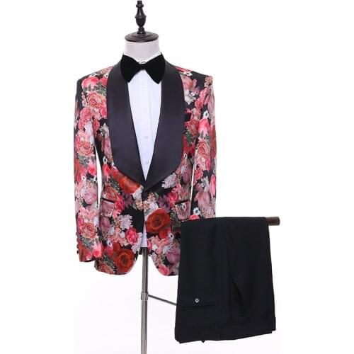 Mens Suits 2 Pieces Tide Men Lapel Collar Floral Print Boyfriend Wear Slim Fit Casual Business Dress Suits Groom Wear 2021