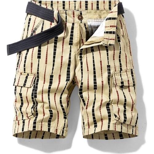 Mens Vertical Pattern Beach Shorts 2021 Summer Pure Cotton Zipper Casual Pocket Regular Five-Point Pants Military Cargo Shorts