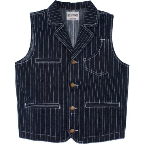 Men Winter Fall Chic Striped Denim Vest Casual Suit Collar Multi Pocket Patchwork Safari Style Waistcoats Classical Vintage Tops