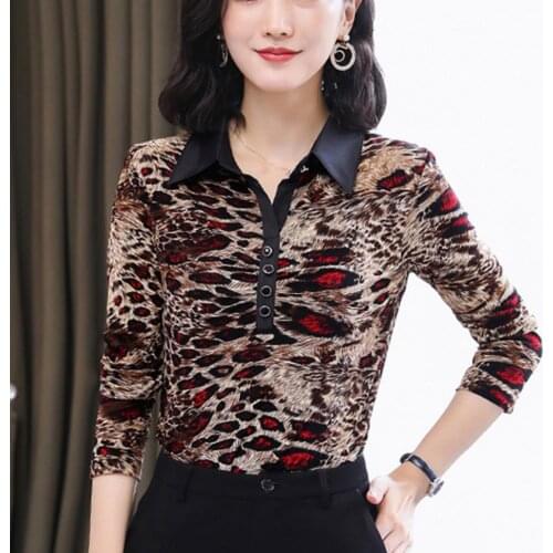 New Spring Long Sleeve Tops Vintage Women Print leopard tshirts autumn style Shirt Floral Loose Office Lady Casual clothes