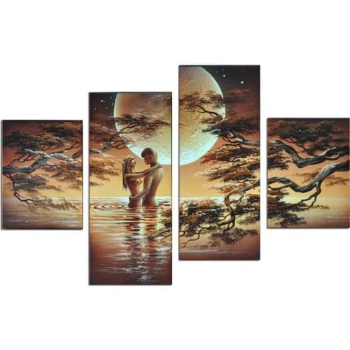 Hand-painted Wall Art The Lake Waterfall Lovers Home Decoration Abstract Landscape Oil painting on Canvas 4 Panels Unframed