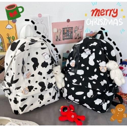 Cow Print Backpack Women Canvas Shoulder Schoolbag Black White Leisure Chic Fashionable Teenage Girl Large Capacity Bagpacks