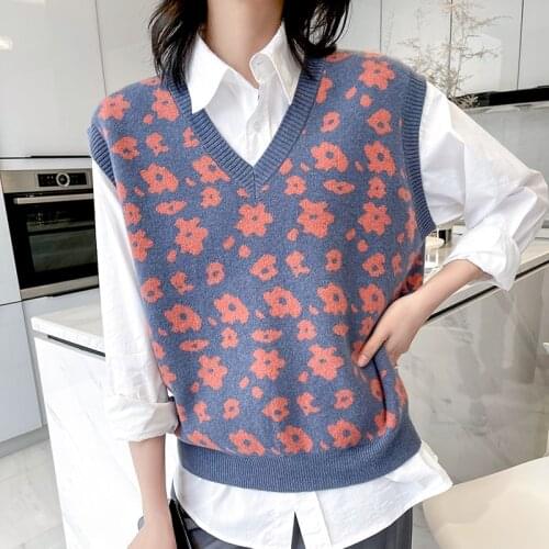 Female New Fashion Plus Size Cashmere Vest Women 2021Spring Autumn Flowers Wild Knitted Sleeveless 100%Wool Vest Sweater Outside
