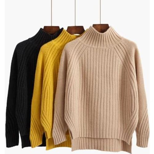 High neck sweater womens autumn winter Pullover loose knit Korean black long sleeve front short back long thickened base coat