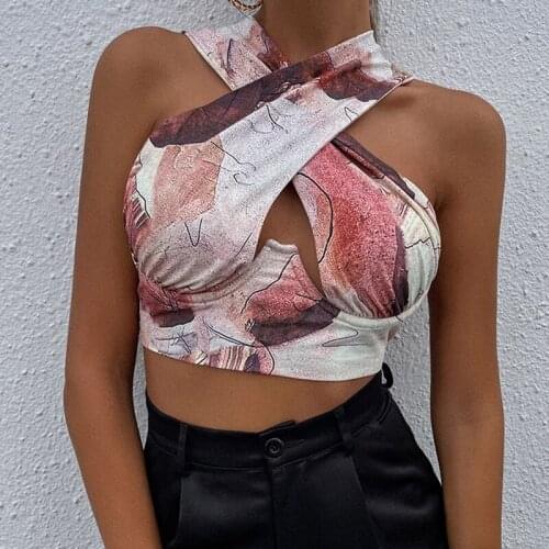 90s Vintage Print Criss-Cross Chest Wrap Crop Top Sexy Women Hollow Out Sleeveless Tank Top Clubwear Summer Backless Mini Vest