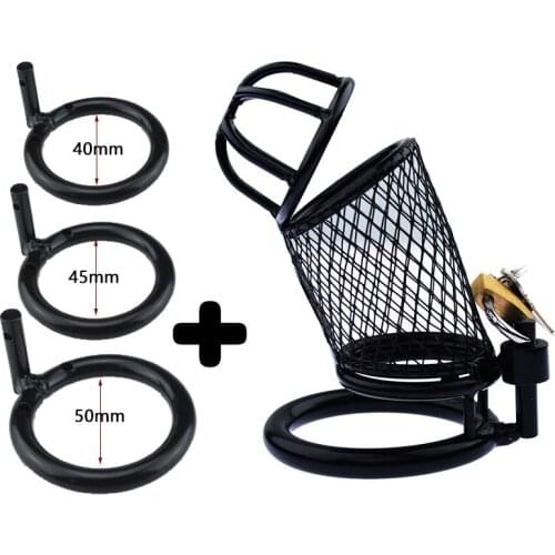 Adult Products Sex Toys SM Mens Chastity Device / Metal Black Mesh Three Snap Ring Set Stainless Steel Stealth Lock Cock Cage