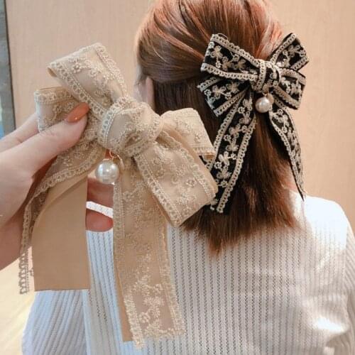 Korean Fabric Big Bow Spring Clip Lady Lace Embroidery Hair Clip Hairgrip Holiday Gifts Women Hair Pins Wedding Hair Accessories