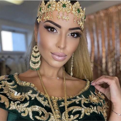 Water Drop Crystal Bridal Hair Chain Colorful Rhinestone Algerian Women Gold Hair Jewelry Big Tiaras and Crowns