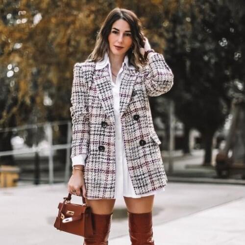 Ardm Elegant Tweed Frayed Trim Coat Women Vintage Double Breasted Female Outerwear Office Ladies Plaid Winter Jacket Chic Tops