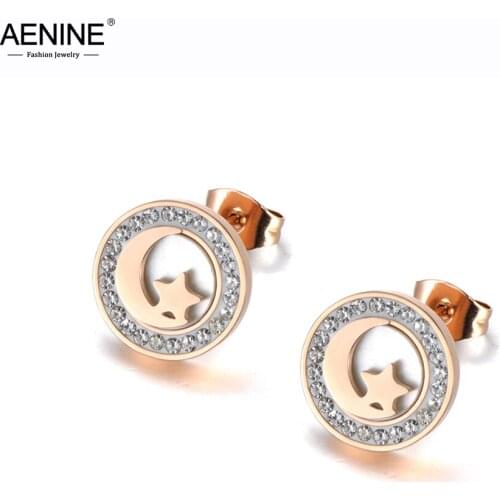 AENINE Trendy Titanium Stainless Steel Moon Star Earrings For Women Girls White Shell Rhinestone Stud Earrings Jewelry AE19198