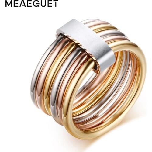 Womens Unique Rings Stainless Steel 6 Circle Interlocked Stacked 10MM Wide Statement Party Bijoux Accessories