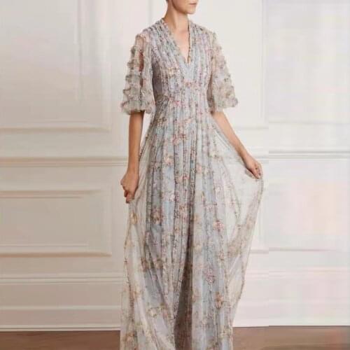 2021 summer 3D Edible Tree Fungus women mesh party dress floral printed blue beige short-sleeve holiday dresses