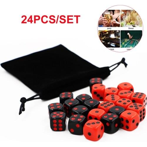 24 PCS/Set Red/Black 16mm Dice Set Solid Acrylic 6 Sided Round Corner Digital Dices For KTV Bar Club Party Family Games with Bag