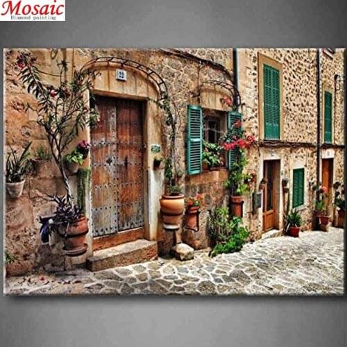 Old mediterranean towns flower door window landscape 5D Diamond Embroidery painting full round drill diy mosaic decor