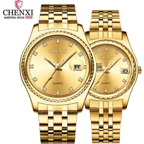 CHENXI Brand Lovers Watch Luxury Gold Steel Women&Men Business Dress Fashion Nails Rhinestone Quartz Couple Clocks Waterproof