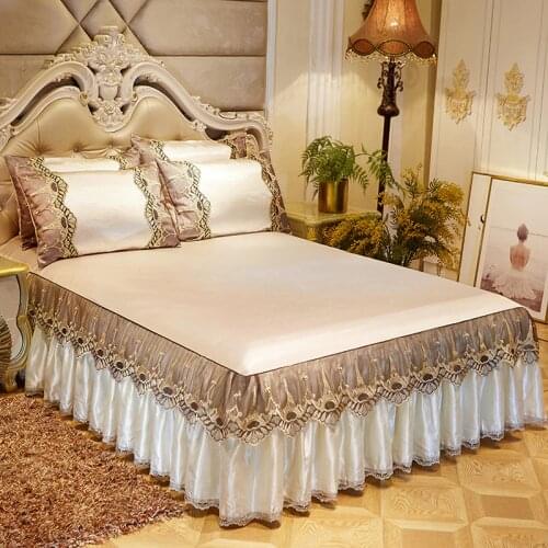 Pure color Ice silk mat lace bed skirt pillowcase dabal cover bed sheet bed sheet double bed with pillow cover Bedding set of 3