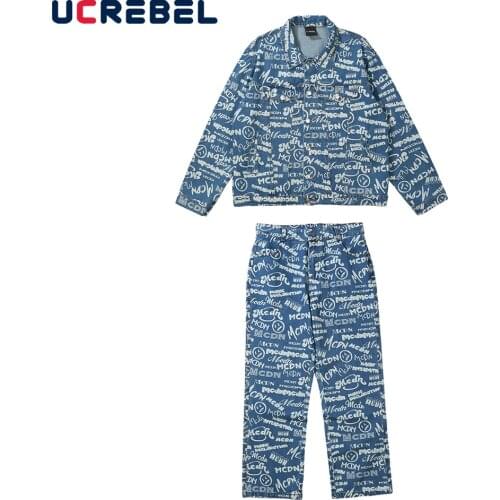 Letter Full Print Denim Suit Mens High Street Autumn Two-piece Suit Streetwear Loose Long Sleeve Casual Suit Men