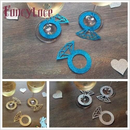 Gold Glitter Paper Laser Cut Paper Diamond Ring Wine Claim Cup Card Shinny Wine Glass Cards Wedding Table Decorations 60pcs