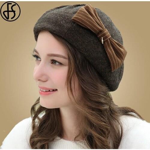 FS French Wool Berets Hat For Women Female Winter Hat 2020 Fashion Brown Bow Octagonal Hats Casual Painter Caps Bonnet Beanies