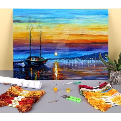 Sunset Over Eternity Printed Canvas 11CT Cross Stitch DIY Embroidery Set DMC Threads Needlework Painting Craft Sewing Decor