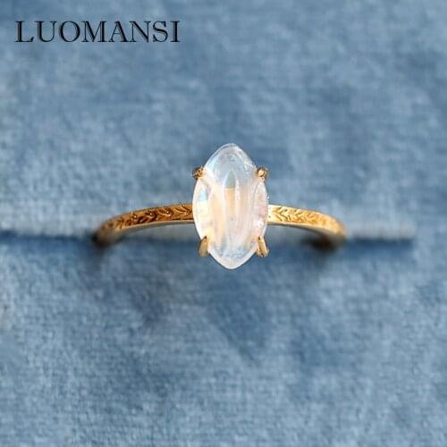 Luomansi 100%-S925 Silver 14K Ring 5*10 Olive Shape Natural Moonstone Gem Ring Woman Party Memorial Jewelry