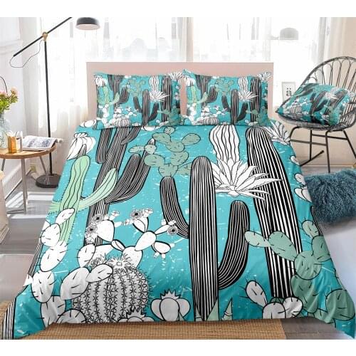 3PCS Cactus Bedding Set Plants Duvet Cover Set Tropical Quilt Cover Blue Home Textiles King Floral Dropship White Black Cactus