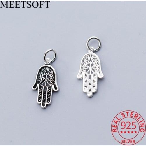 MEETSOFT 925 Sterling Silver Vintage Hollow Craved Hand Brand Charms DIY Necklace Making Finding Handmade Jewelry Accessory