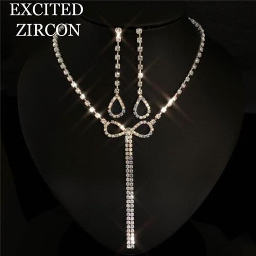 Fashion rhinestone crystal bow tassel section woman elegant necklace earring set wedding bride bridesmaid jewelry accessories