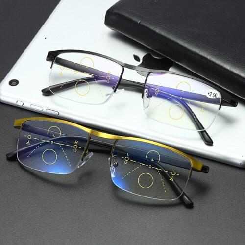 Men Women Progressive Multifocal Reading Glasses Bifocal Magnifying Presbyopic Glasses Metal Anti Blue Ray Square Frame 2.0