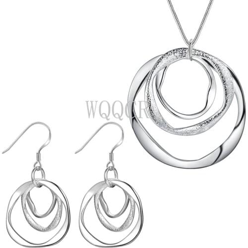 925 Silver colorJewelry Set Necklace Earrings Womens Pendant Necklace Sliding Three Hoop Earrings Exquisite Gift Set