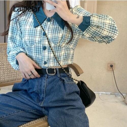 2020 Autumn New Womens Shirt Design Sense Long-sleeved Plaid Shirt Short Loose Shirt Wild Trend Retro Top