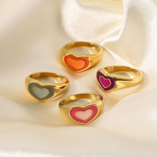 New Ins Stainless Steel Drop Oil Heart Ring Simple Retro Colorful Duoble Heart Rings For Women Girls Fashion Jewelry Gift