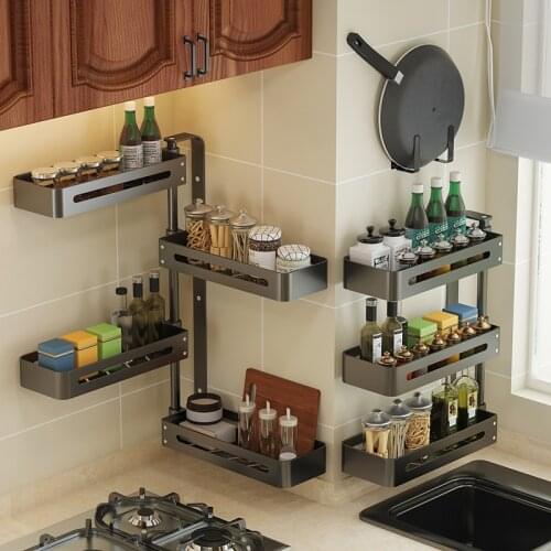 Kitchen shelf Organizer Spice rack Shelves Wall Mount Rotatable lifting Kitchen Storage Basket Bathroom Makeup Organizer
