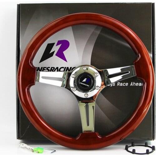 LR Universal 14" 350mm Wood Grain Steering Wheel 6 Bolts 1.75" Dish 3-Spoke Wood