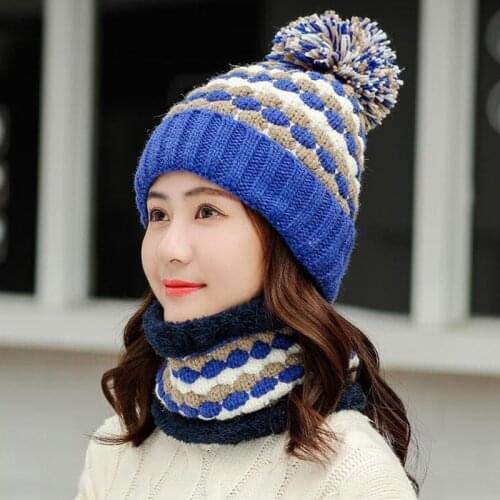 RUHAO 2019 Womens Hats With Scarf Warm Fleece Inside Beanie Girls Winter Cap For Women Fur Pompom Hat Female Knitted Caps