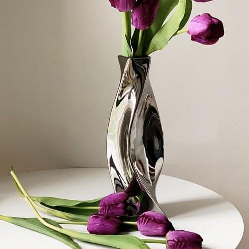 Nordic Ceramic Plating Antique Spiral Mirror Silver Flower Art Vase Sculpture Decoration Living Room Desktop Home Decor Ornament