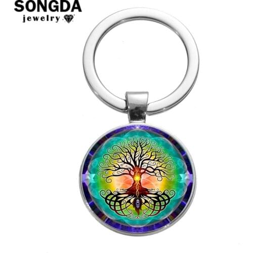 SONGDA Holy Tree of Life Evil Eye Keychain Good Luck Talisman Buddhist Chakra Handmade Art Photo Glass Dome Charm Key Chain Gift
