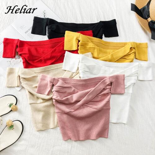 HELIAR Knitted Tops Slash Shoulder Women Crop Top Women Cross Tank Tops Female 2020 Summer Tank Tops For Women Sexy Tops