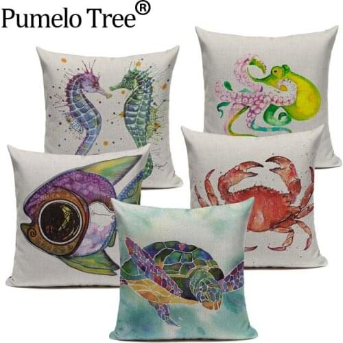 High Quality Cotton Linen American Marine Style Watercolor Animals Pillow Cover 45Cmx45Cm Square Home Decor Printed Pillow Cover